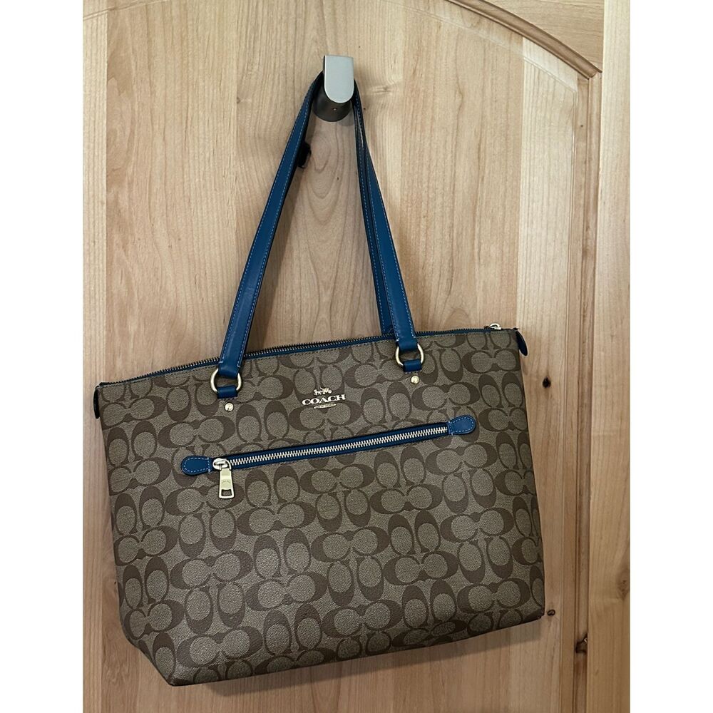 Coach Signature Tote Bag Brown Monogram Blue Trim Tote Bag EUC - Picture 3 of 6